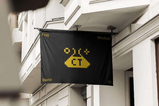 Black flag mockup hanging on building with pixelated design, ideal for branding presentations, urban graphics, and logo visualization.